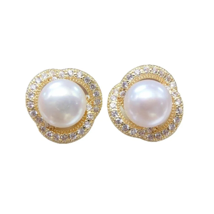 Open Nest Freshwater Pearl Beaded Pavé Stud Earrings