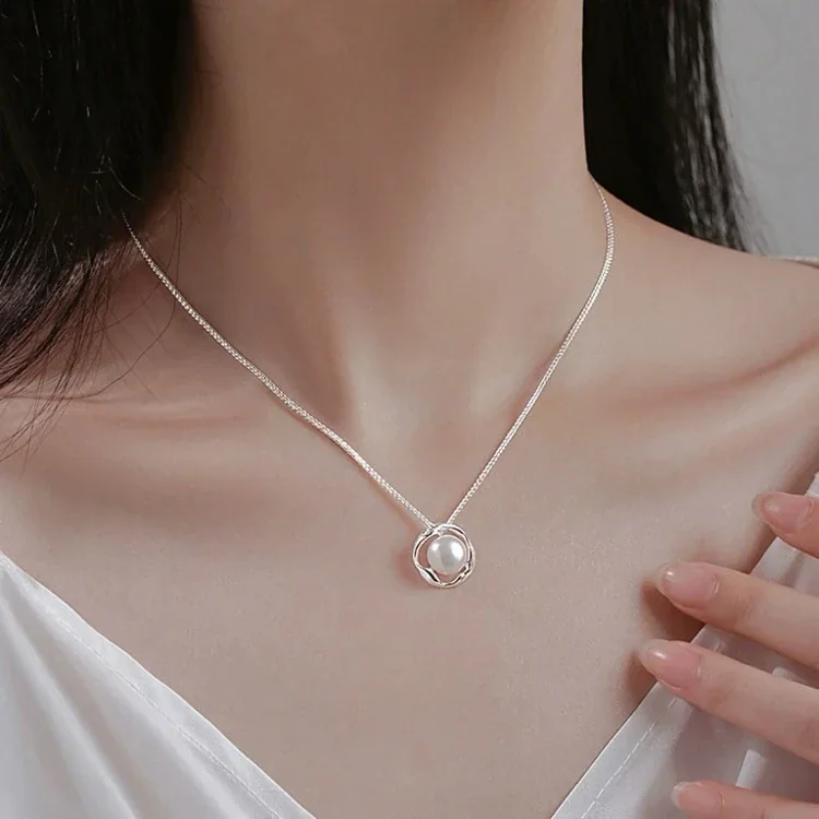 Fluid 925 Sterling Silver Pearl Wavy Frame Necklace