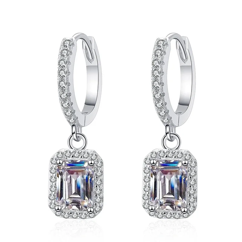 Emerald-Cut Halo 925 Sterling Silver Huggie Drop Earrings