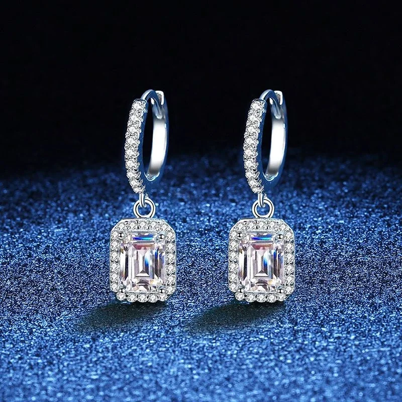 Emerald-Cut Halo 925 Sterling Silver Huggie Drop Earrings