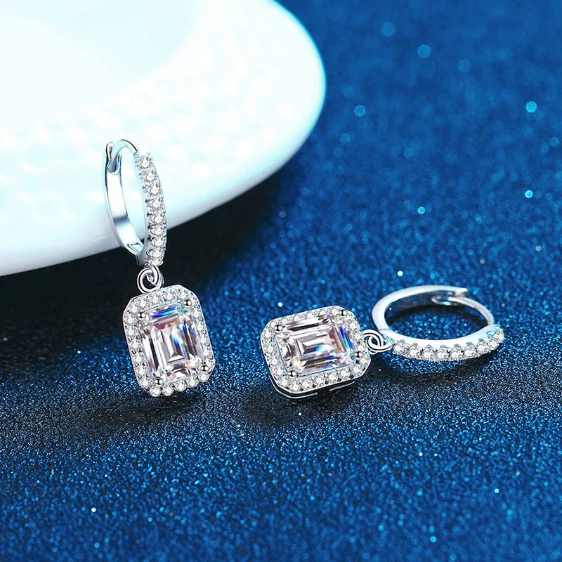 Emerald-Cut Halo 925 Sterling Silver Huggie Drop Earrings
