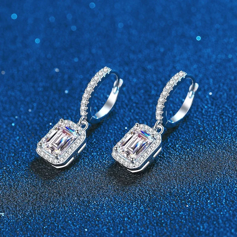 Emerald-Cut Halo 925 Sterling Silver Huggie Drop Earrings