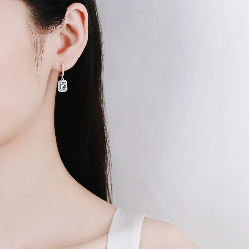 Emerald-Cut Halo 925 Sterling Silver Huggie Drop Earrings