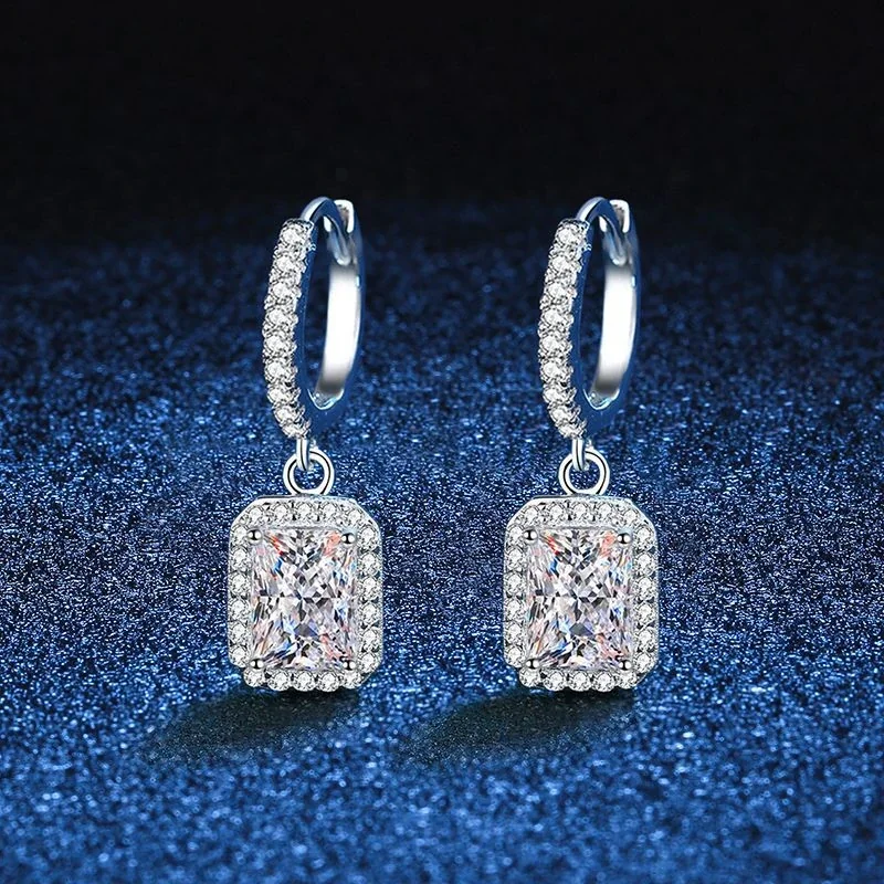 Emerald-Cut Halo 925 Sterling Silver Huggie Drop Earrings - Silver ct + ct Radiant-Cut Moissanite