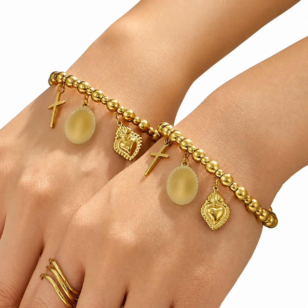 Gleaming Bead Stainless Steel Cross Heart Charm Bracelet