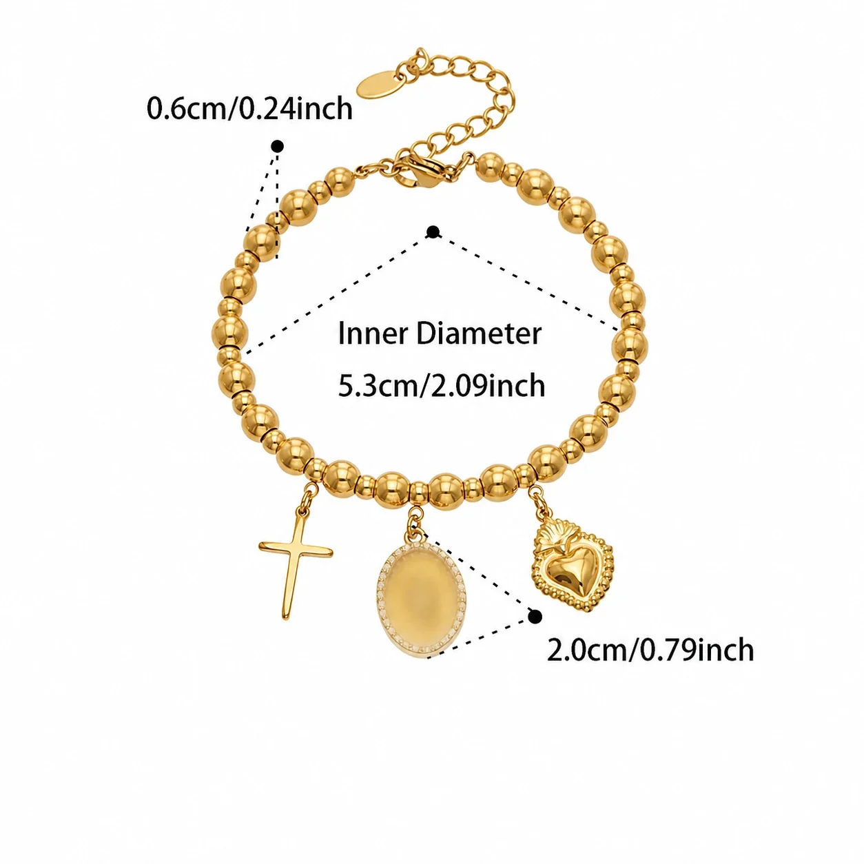 Gleaming Bead Stainless Steel Cross Heart Charm Bracelet - Gold