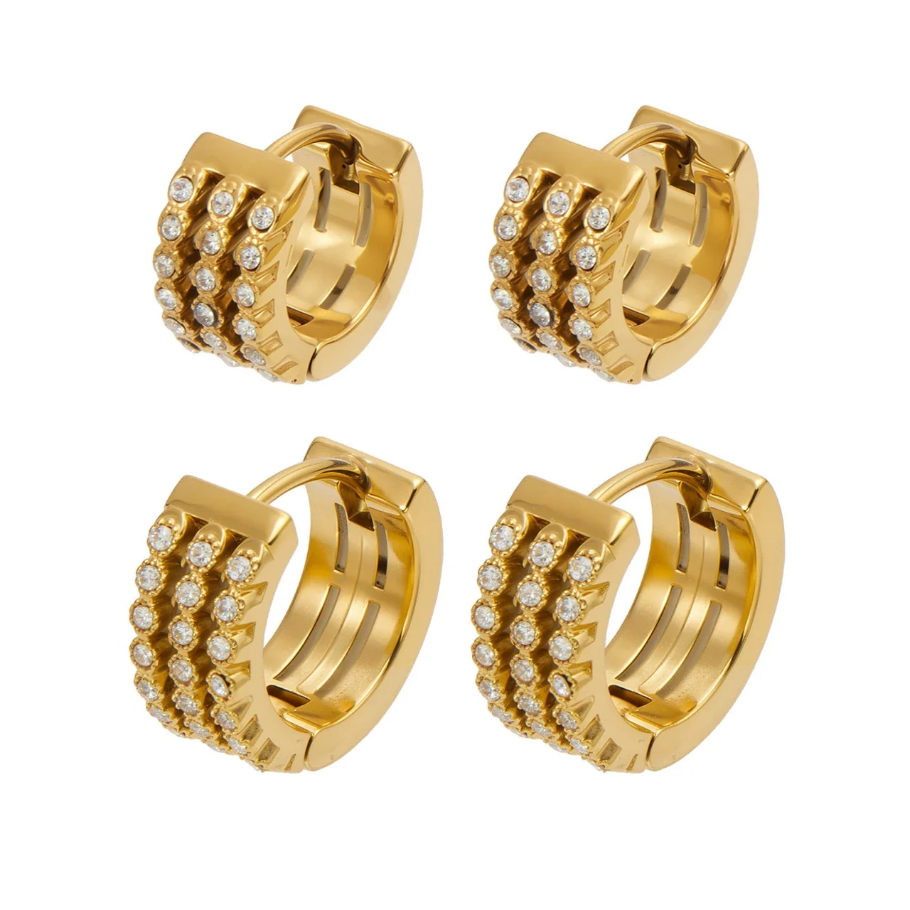 Ridged 18K Gold-Plated Triple Pavé Steel Hoop Earrings