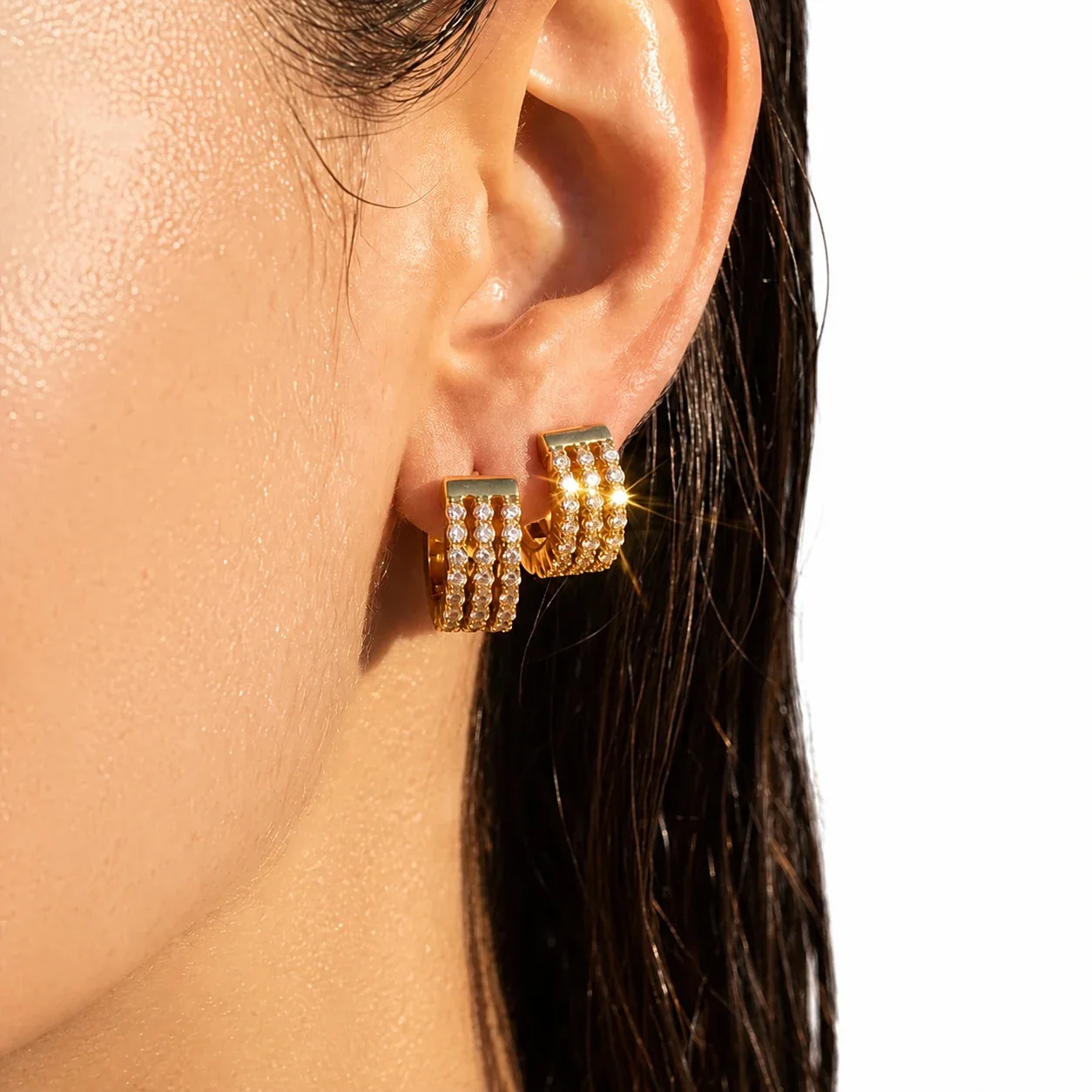 Ridged 18K Gold-Plated Triple Pavé Steel Hoop Earrings