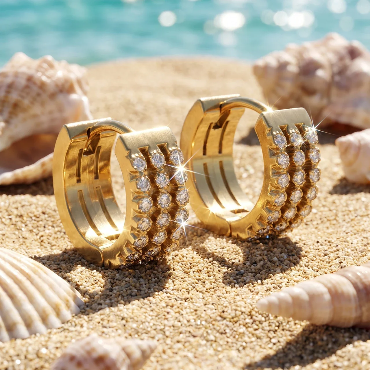 Ridged 18K Gold-Plated Triple Pavé Steel Hoop Earrings