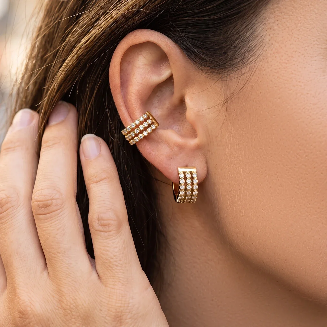 Ridged 18K Gold-Plated Triple Pavé Steel Hoop Earrings