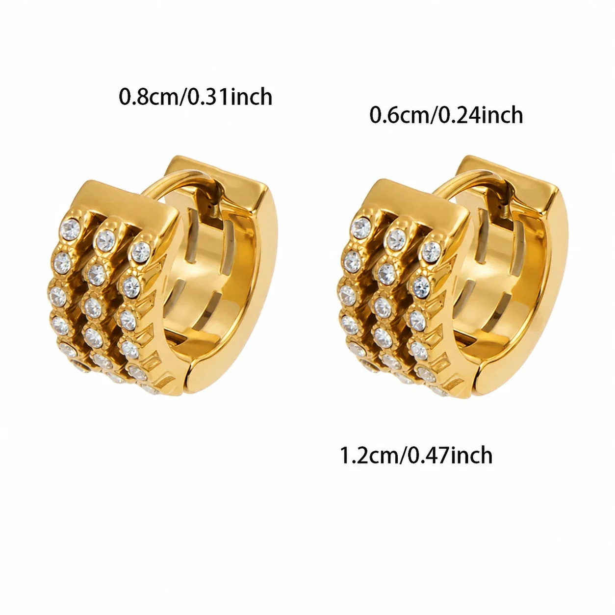 Ridged 18K Gold-Plated Triple Pavé Steel Hoop Earrings - Gold Triple CZ 9 mm