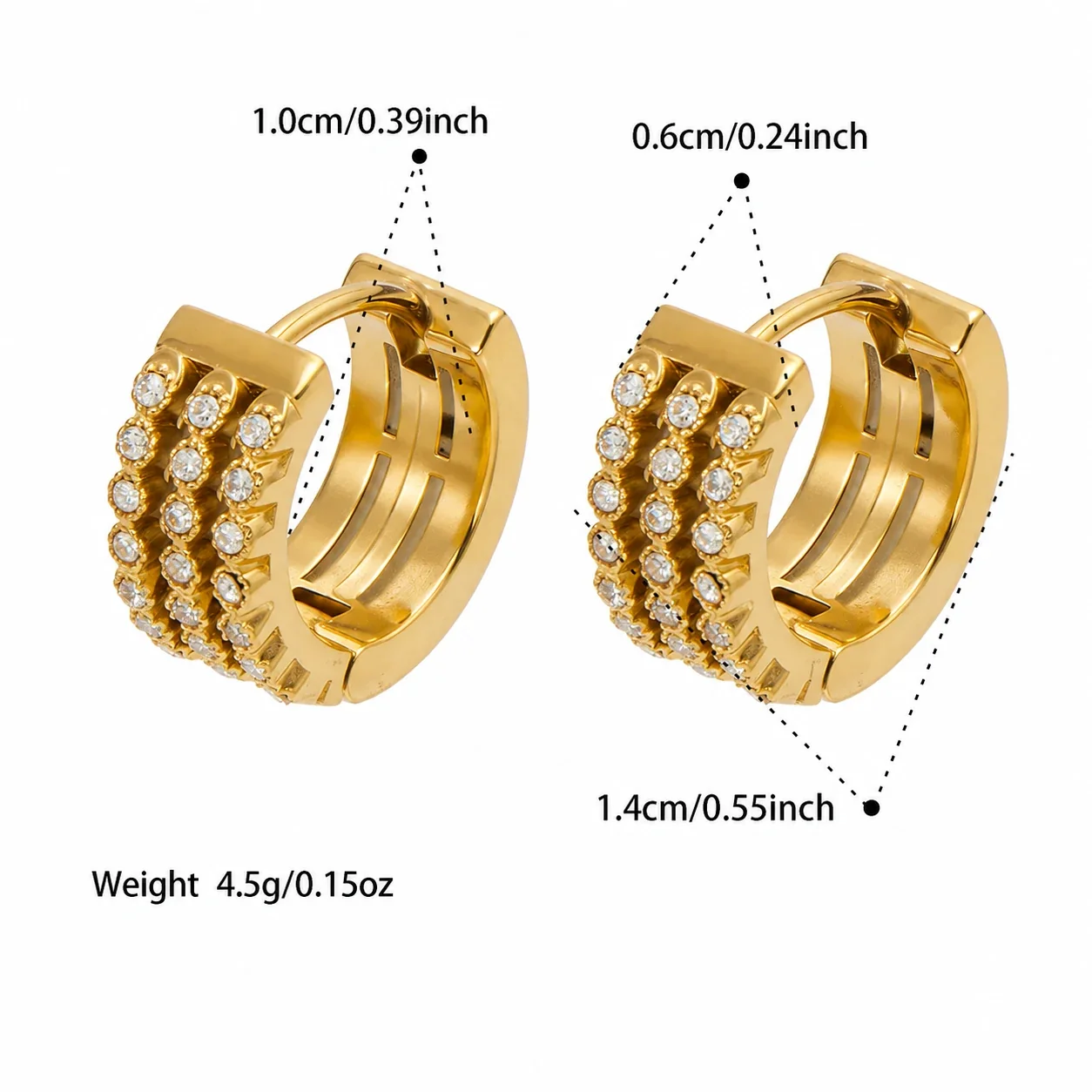 Ridged 18K Gold-Plated Triple Pavé Steel Hoop Earrings - Gold Triple CZ 11 mm