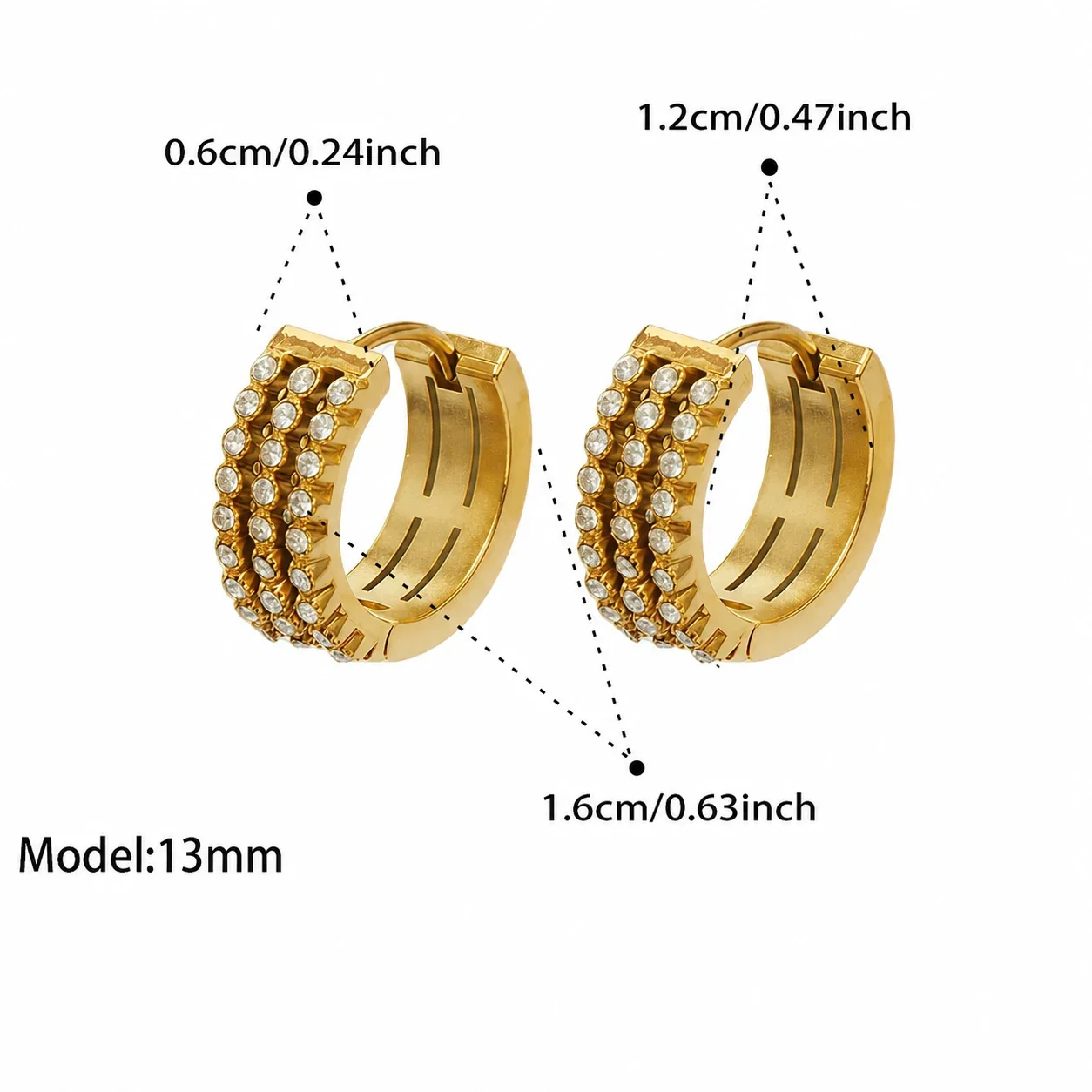 Ridged 18K Gold-Plated Triple Pavé Steel Hoop Earrings - Gold Triple CZ 13 mm