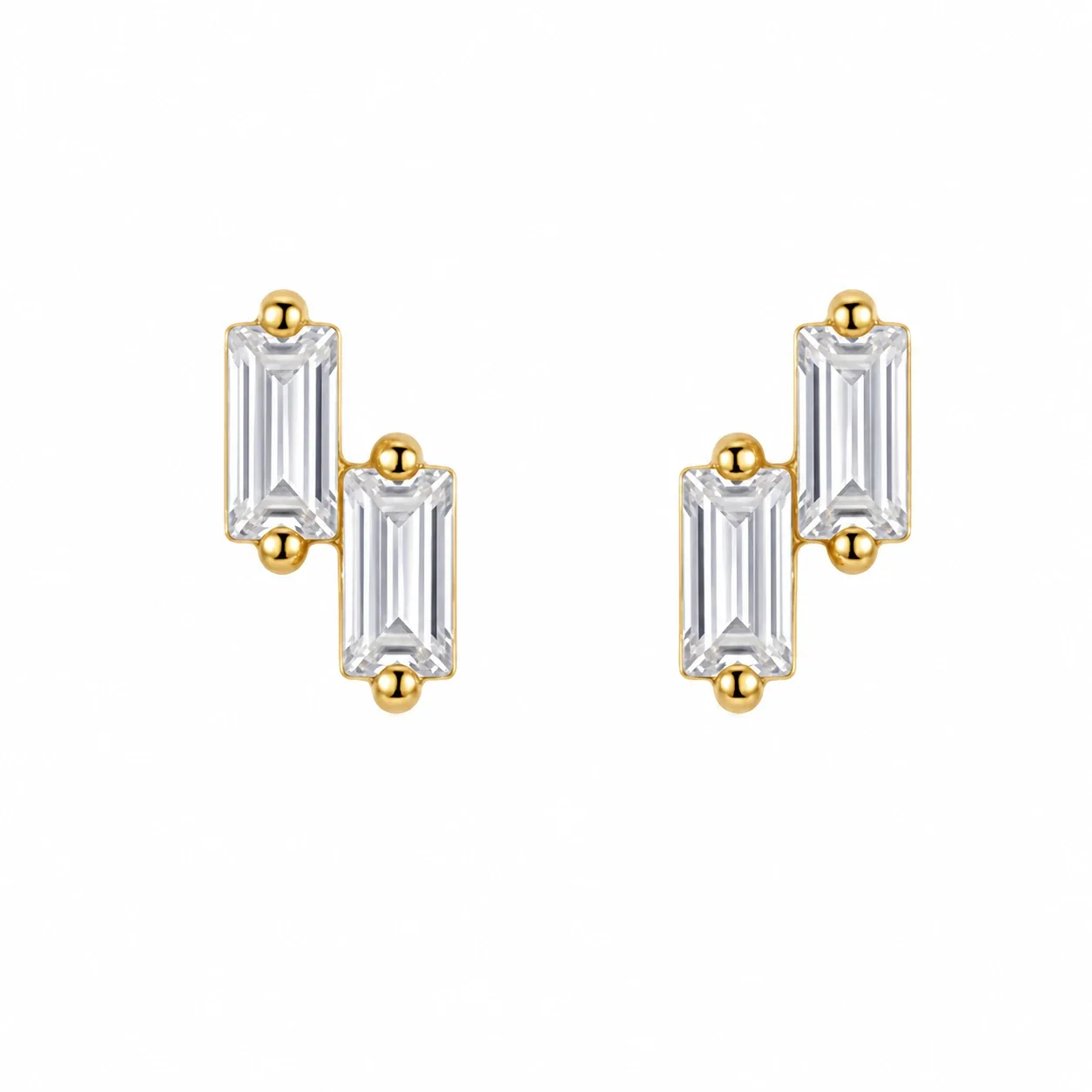 Geometric 925 Sterling Silver Double Baguette Stud Earrings