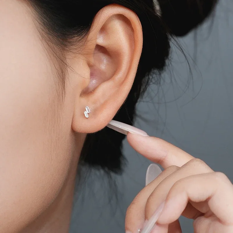 Geometric 925 Sterling Silver Double Baguette Stud Earrings