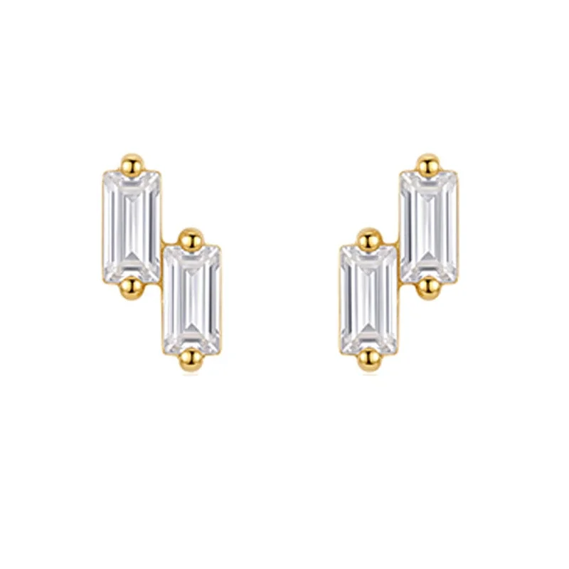 Geometric 925 Sterling Silver Double Baguette Stud Earrings