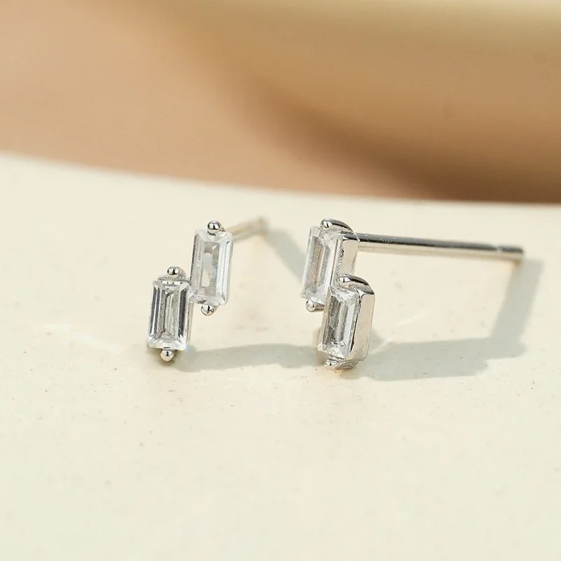 Geometric 925 Sterling Silver Double Baguette Stud Earrings - Silver