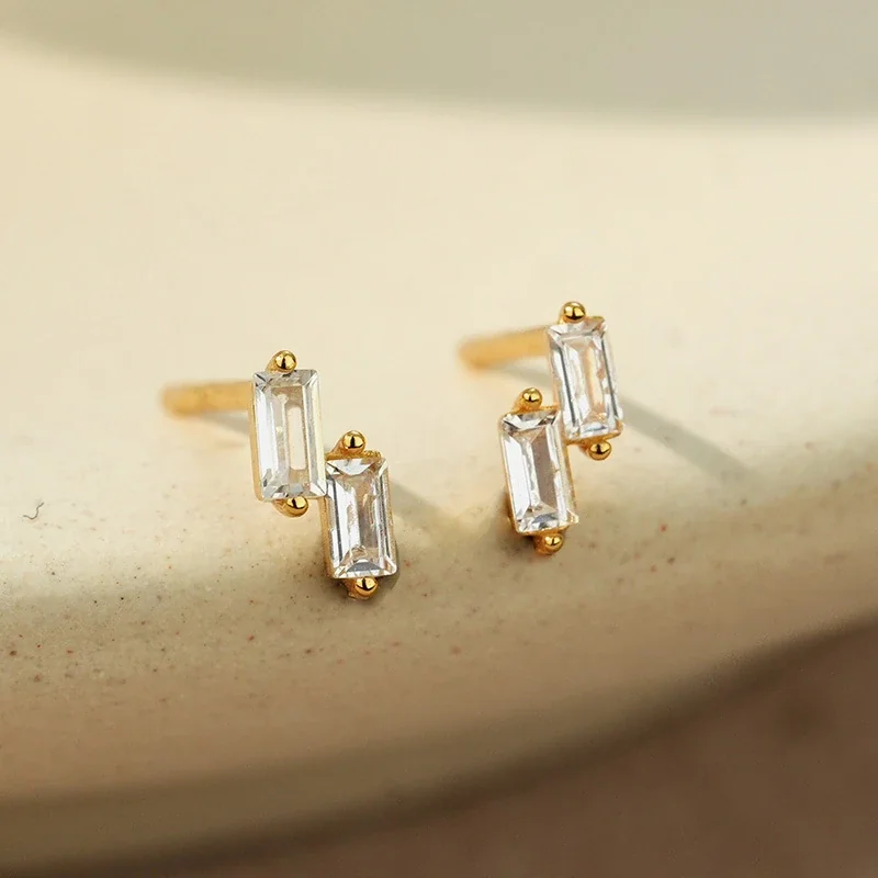 Geometric 925 Sterling Silver Double Baguette Stud Earrings - Gold