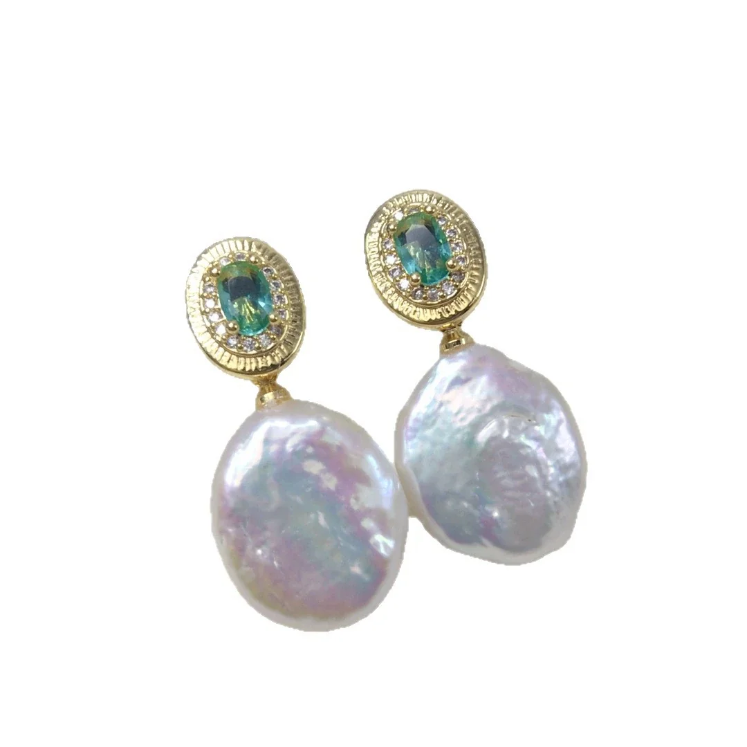 Baroque Oval Green CZ Freshwater Pearl Drop Earrings