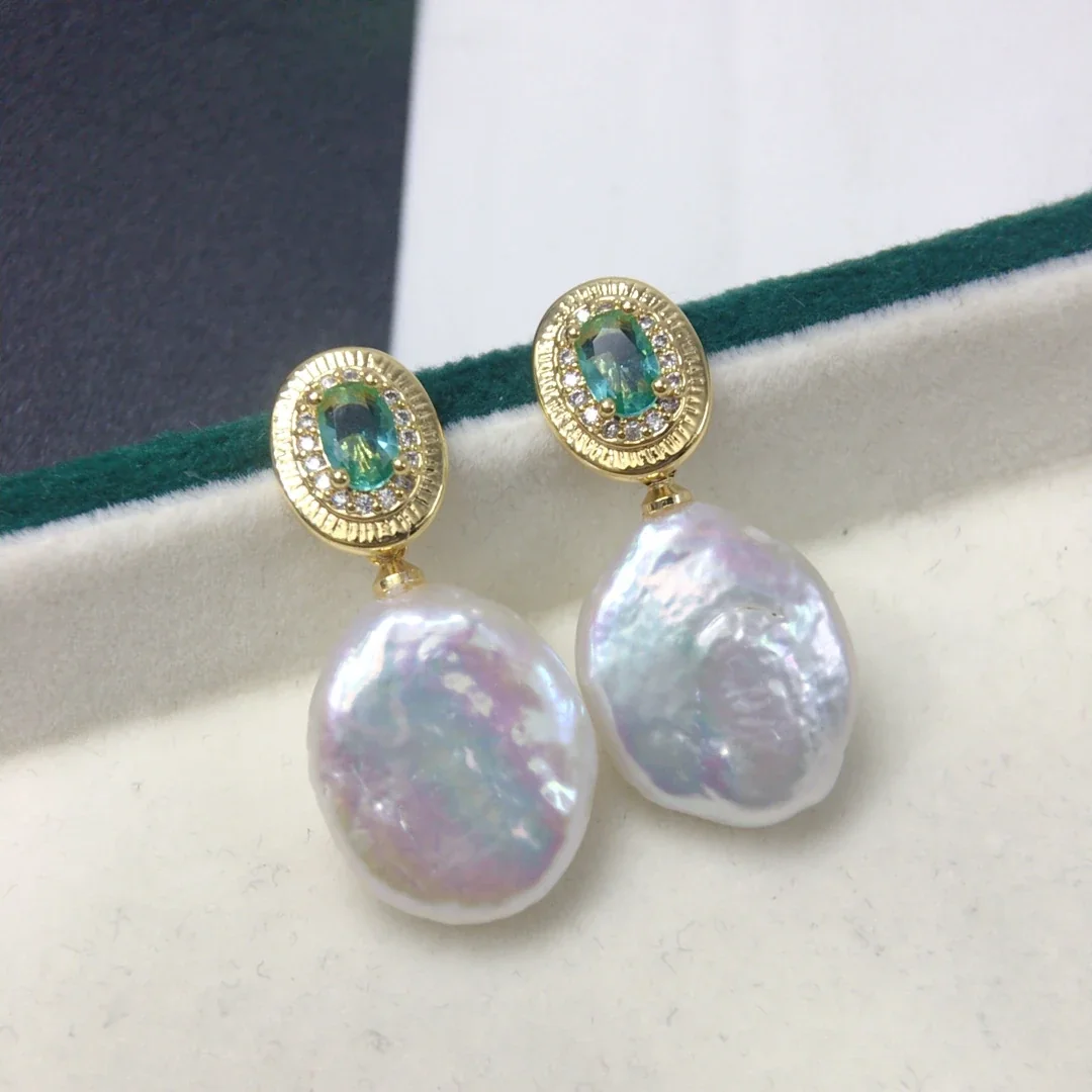 Baroque Oval Green CZ Freshwater Pearl Drop Earrings
