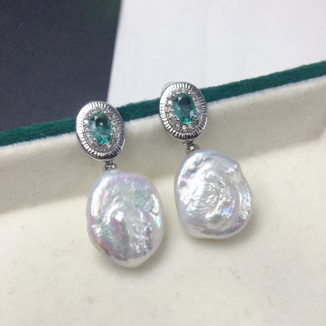 Baroque Oval Green CZ Freshwater Pearl Drop Earrings