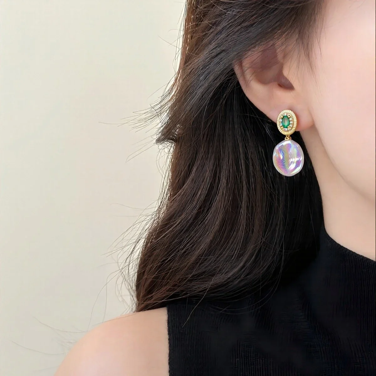 Baroque Oval Green CZ Freshwater Pearl Drop Earrings
