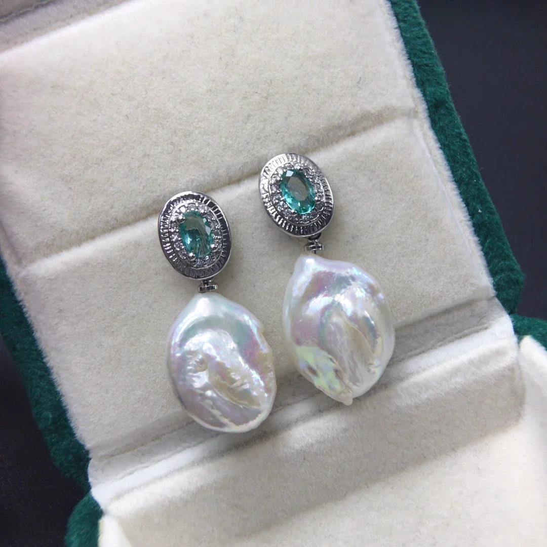 Baroque Oval Green CZ Freshwater Pearl Drop Earrings
