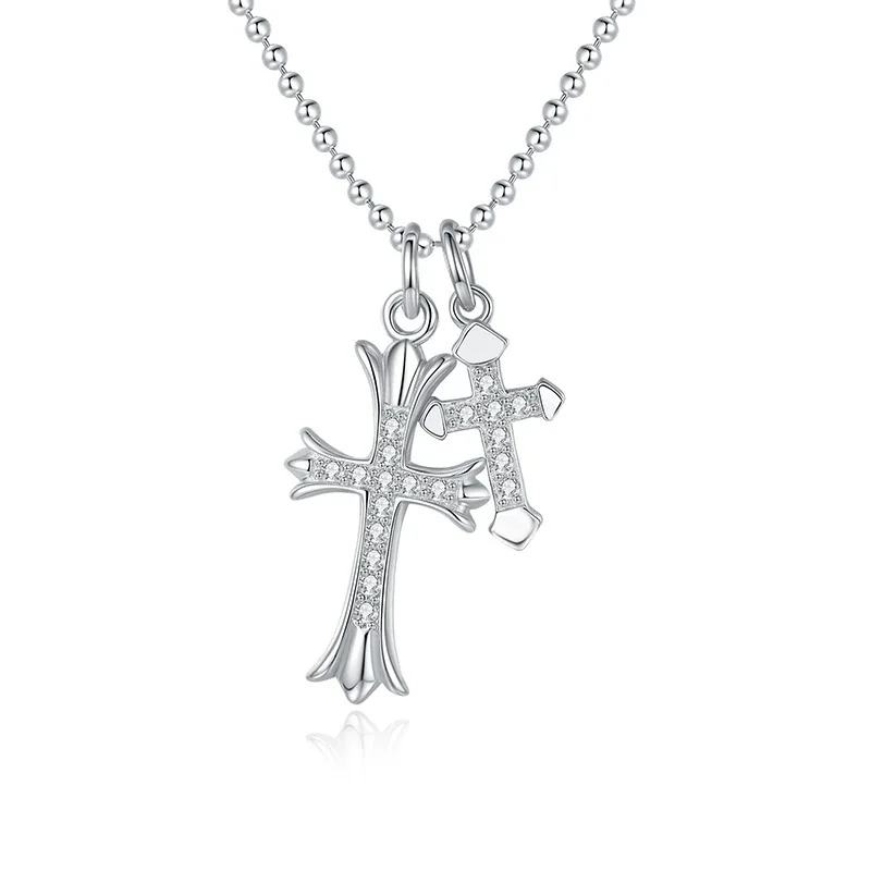 Polished 925 Sterling Silver Double Cross Pavé Moissanite Necklace