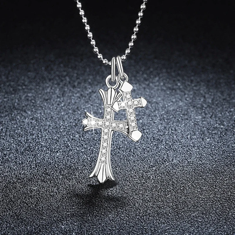 Polished 925 Sterling Silver Double Cross Pavé Necklace