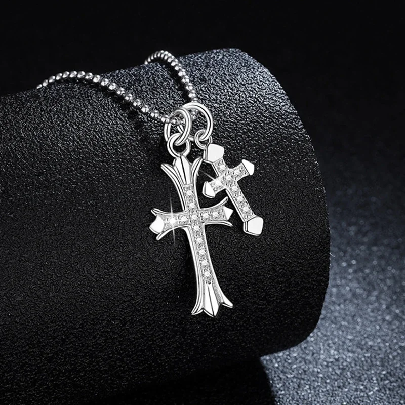 Polished 925 Sterling Silver Double Cross Pavé Necklace