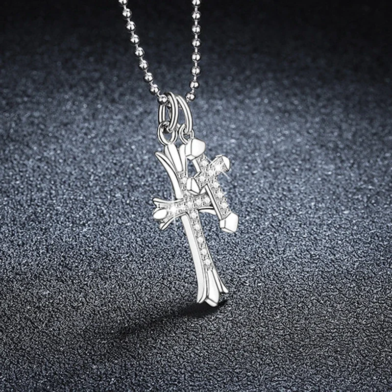 Polished 925 Sterling Silver Double Cross Pavé Necklace