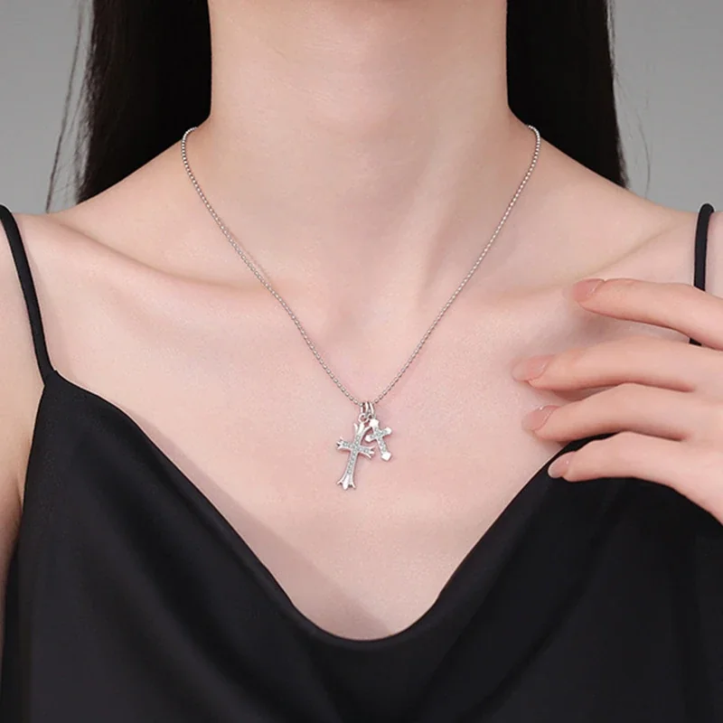 Polished 925 Sterling Silver Double Cross Pavé Necklace