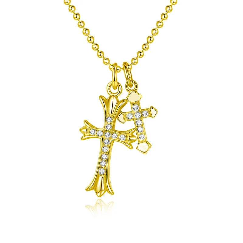 Polished 925 Sterling Silver Double Cross Pavé Necklace - Gold