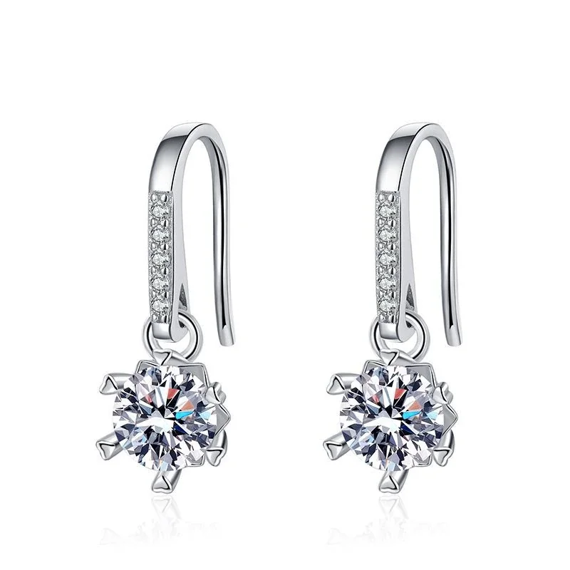 Dainty 925 Sterling Silver Six-Prong Round Moissanite Drop Earrings