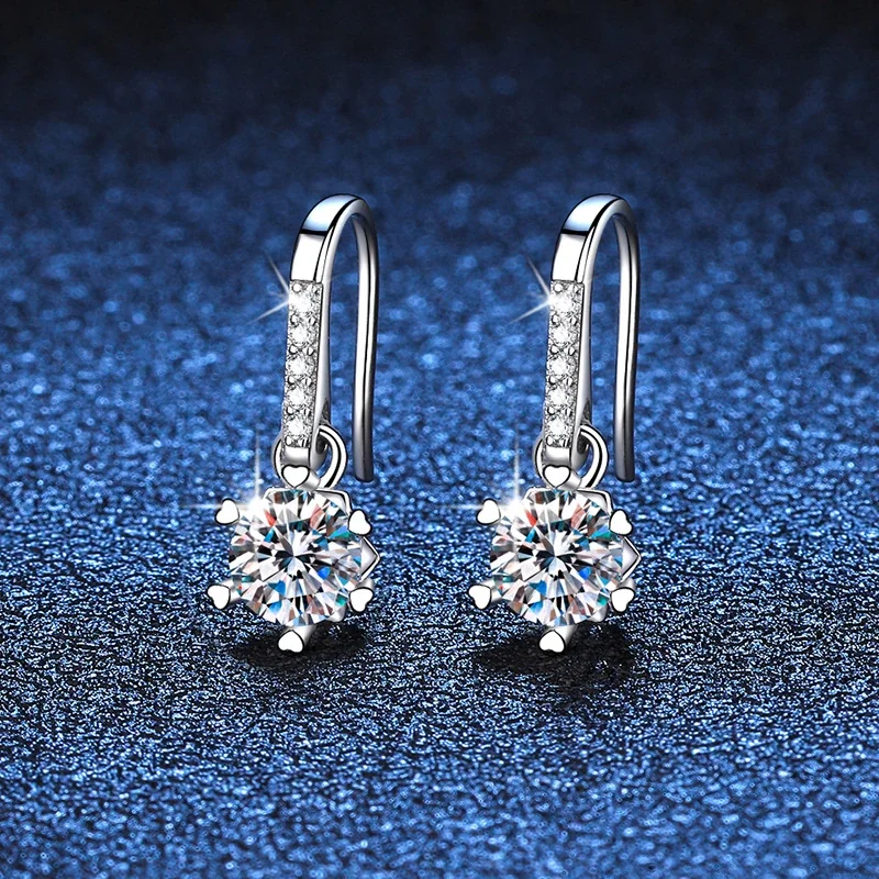 Dainty 925 Sterling Silver Six-Prong Round Moissanite Drop Earrings