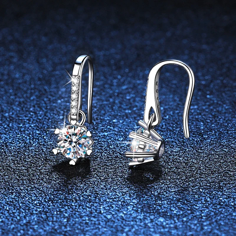 Dainty 925 Sterling Silver Six-Prong Round Moissanite Drop Earrings