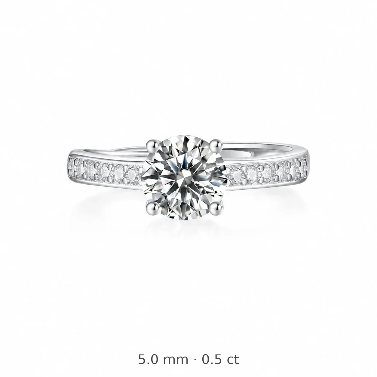 Radiant 925 sterling silver Round Moissanite Pavé Ring - 5 mm Moissanite, 0.5 ct