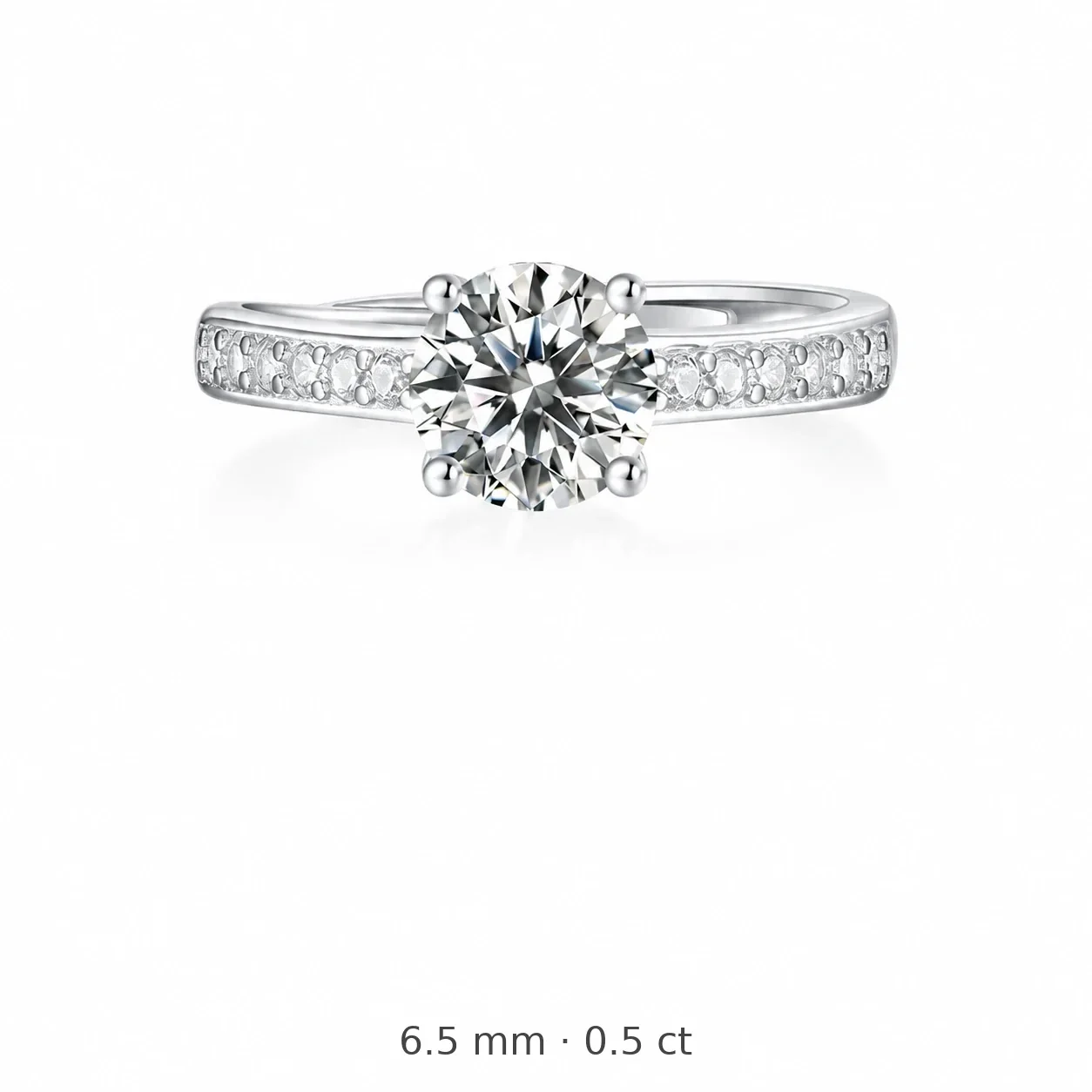 Radiant 925 sterling silver Round Moissanite Pavé Ring - 6.5 mm Moissanite, 0.5 ct