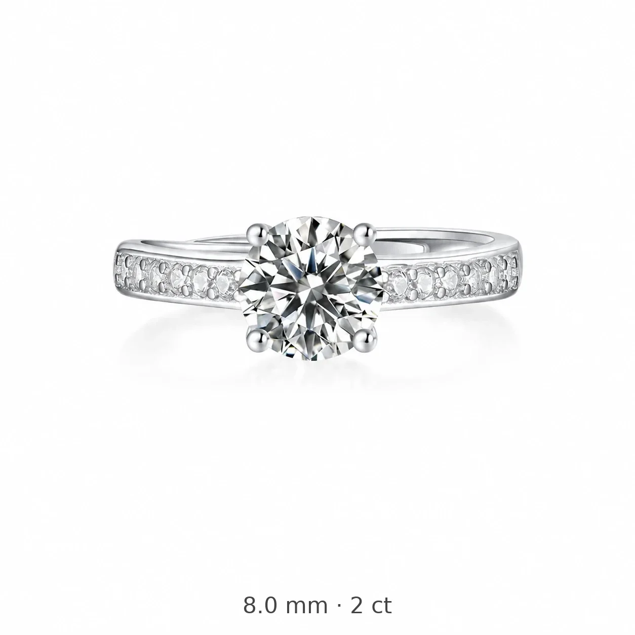 Radiant 925 sterling silver Round Moissanite Pavé Ring - 8 mm Moissanite, 2 ct