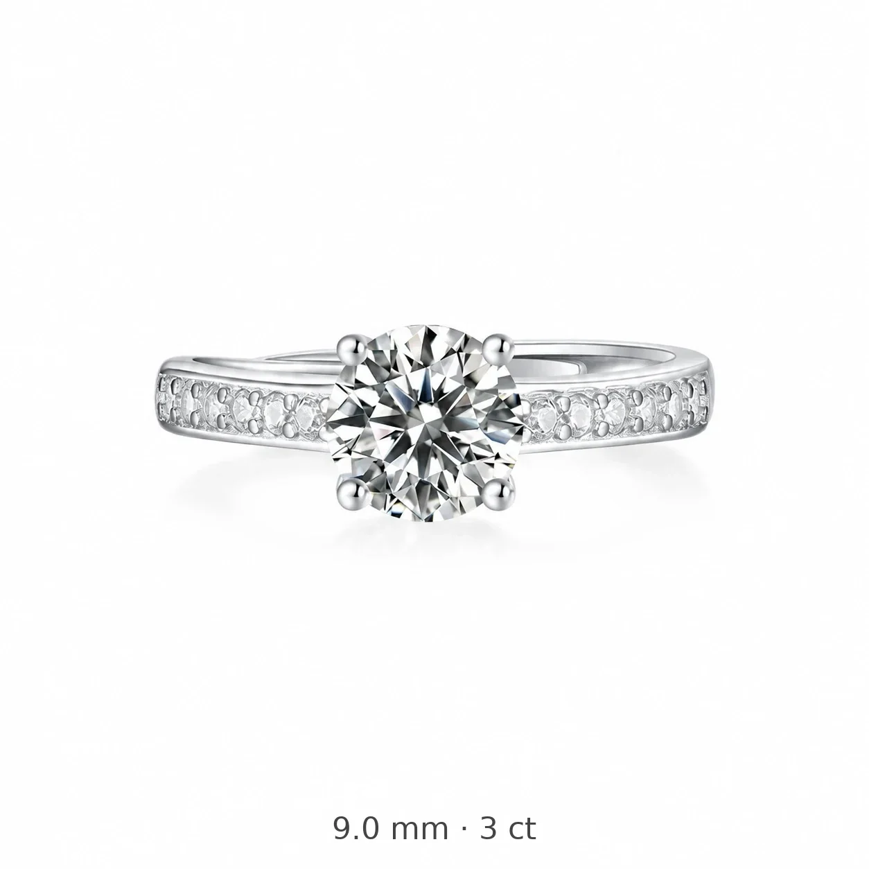 Radiant 925 sterling silver Round Moissanite Pavé Ring - 9 mm Moissanite, 3 ct