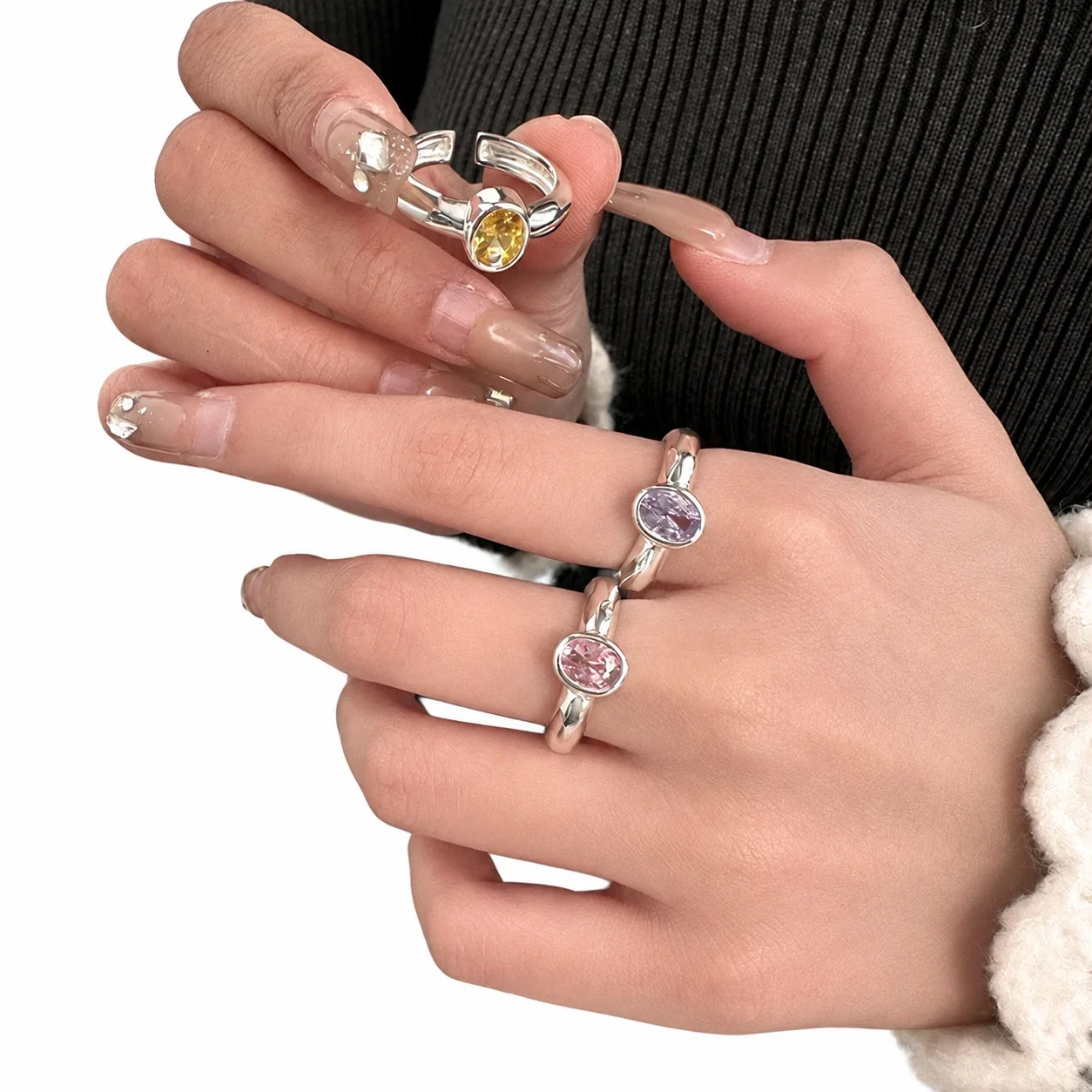 Sculptural 925 Sterling Silver Oval Bezel Open Ring
