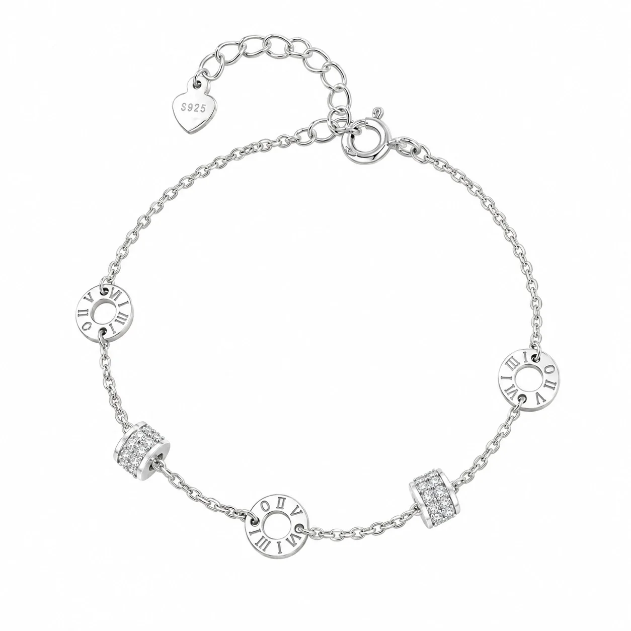 Sleek 925 Sterling Silver Roman Numeral Disc Chain Bracelet