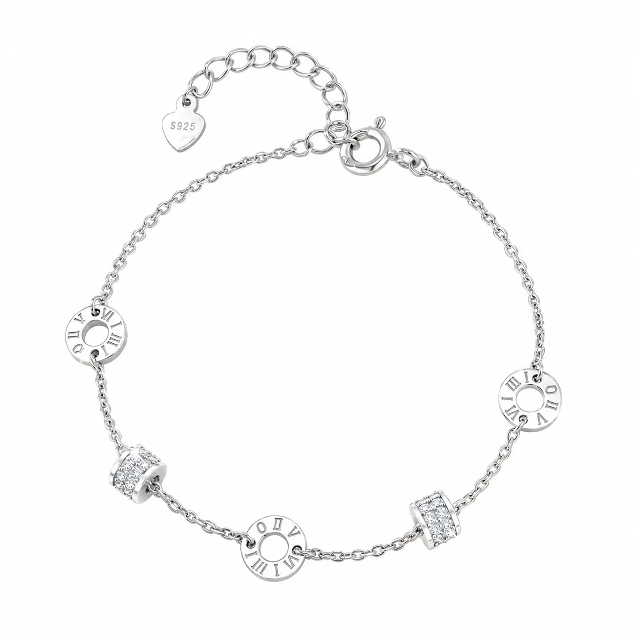 Sleek 925 Sterling Silver Roman Numeral Disc Chain Bracelet - Silver