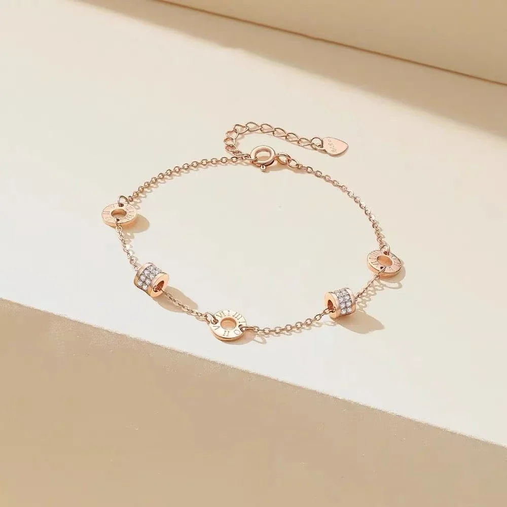 Sleek 925 Sterling Silver Roman Numeral Disc Chain Bracelet - Rose Gold Tone