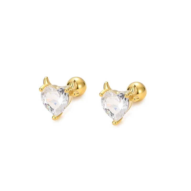 Whimsical 925 Sterling Silver Horned Heart Stud Earrings