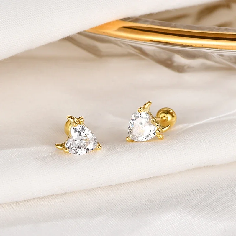 Whimsical 925 Sterling Silver Horned Heart Stud Earrings