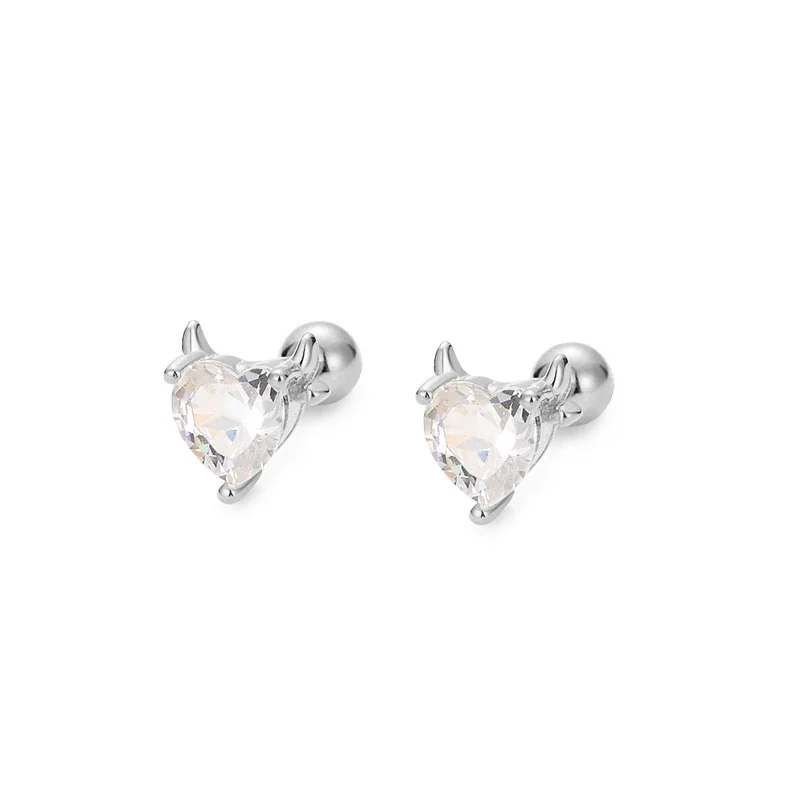 Whimsical 925 Sterling Silver Horned Heart Stud Earrings - Silver