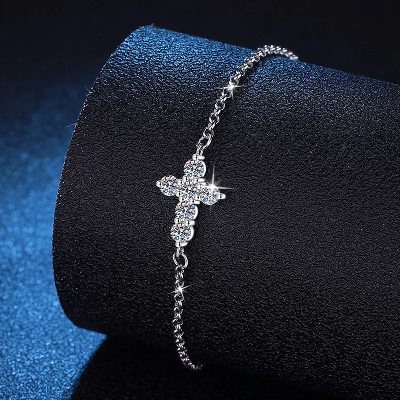 Delicate 925 Sterling Silver Cross Moissanite Chain Bracelet
