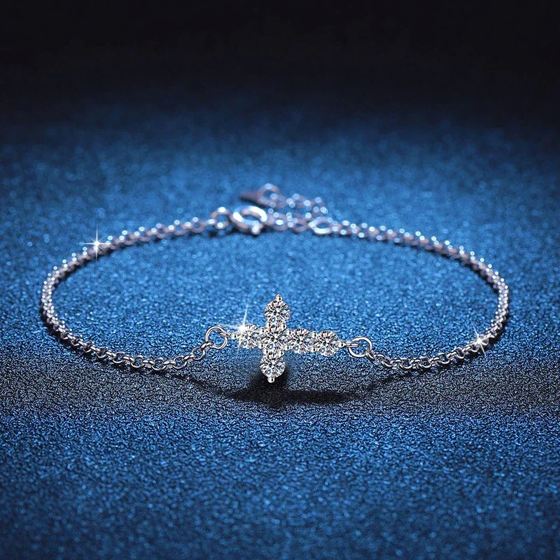 Delicate 925 Sterling Silver Cross Moissanite Chain Bracelet