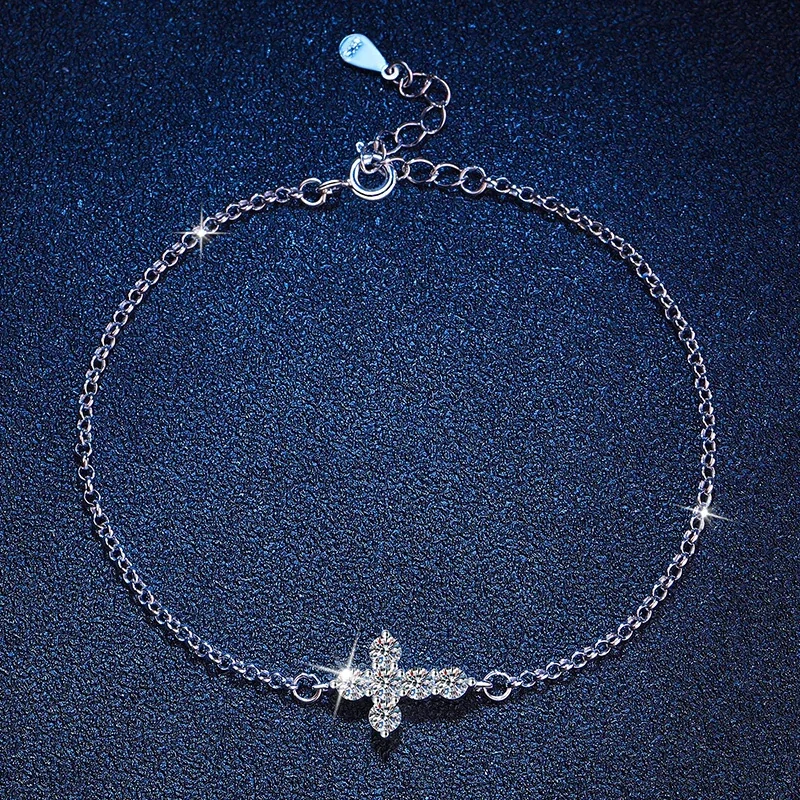Delicate 925 Sterling Silver Cross Moissanite Chain Bracelet